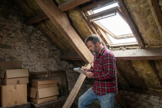 Homme d'âge moyen examinant des poutres en bois dans un vieux grenier