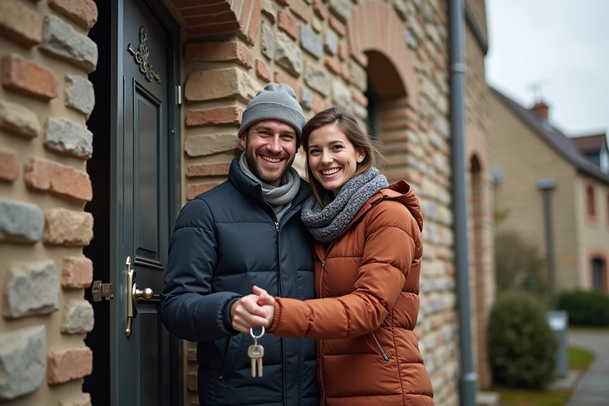 Jeune couple entrant dans une maison en briques dans le nord