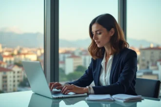 Femme d'affaires concentrée devant son ordinateur à Perpignan