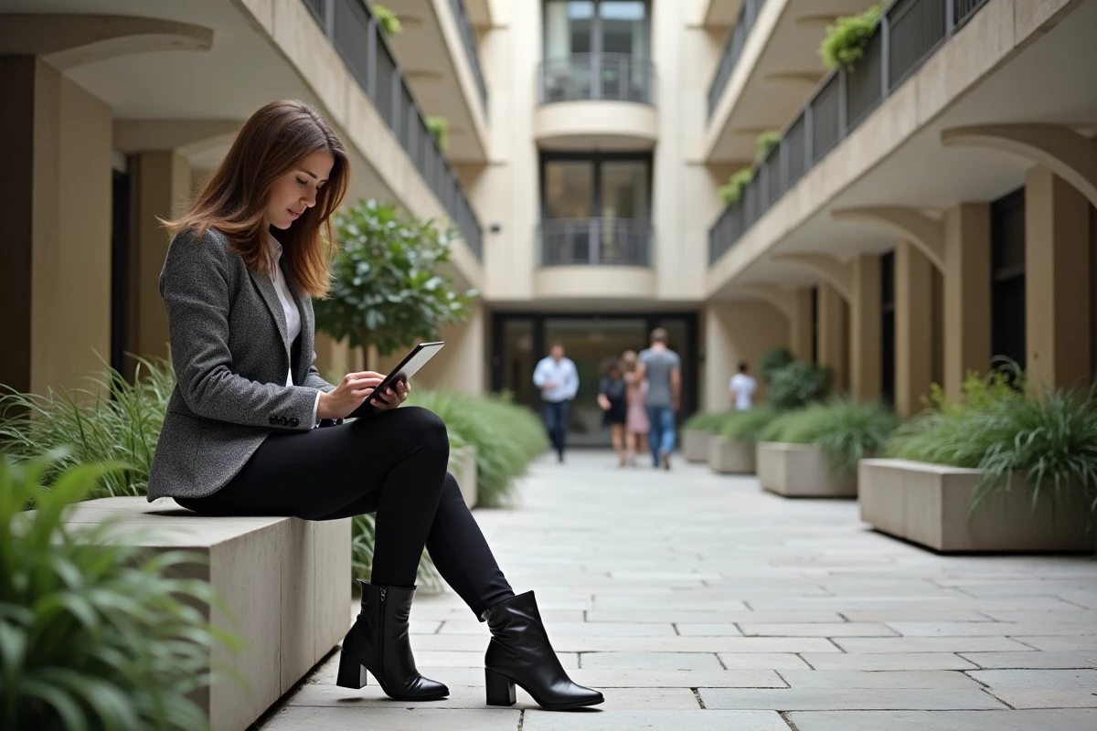 Jeune femme en tenue professionnelle étudie le bâtiment dans la cour