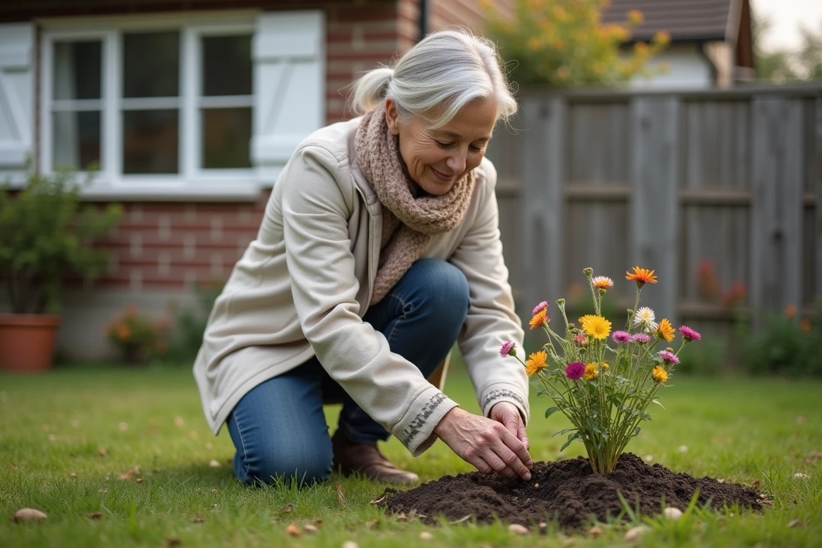 Femme plantant des fleurs dans le jardin de la maison