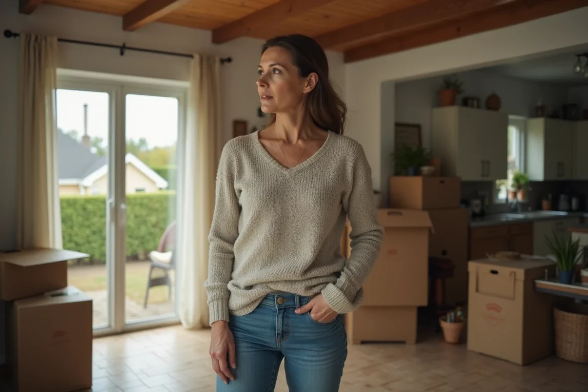 Femme d'âge moyen pensant dans un salon avec cartons
