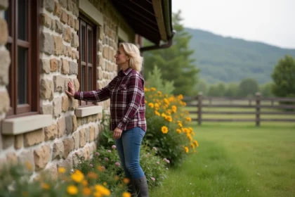 Femme rurale inspectant un mur en pierre d'une maison ancienne