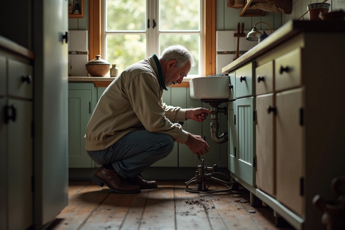 Homme âgé examinant la plomberie sous un évier de cuisine