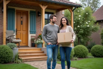 Jeune couple souriant devant leur maison en déménagement