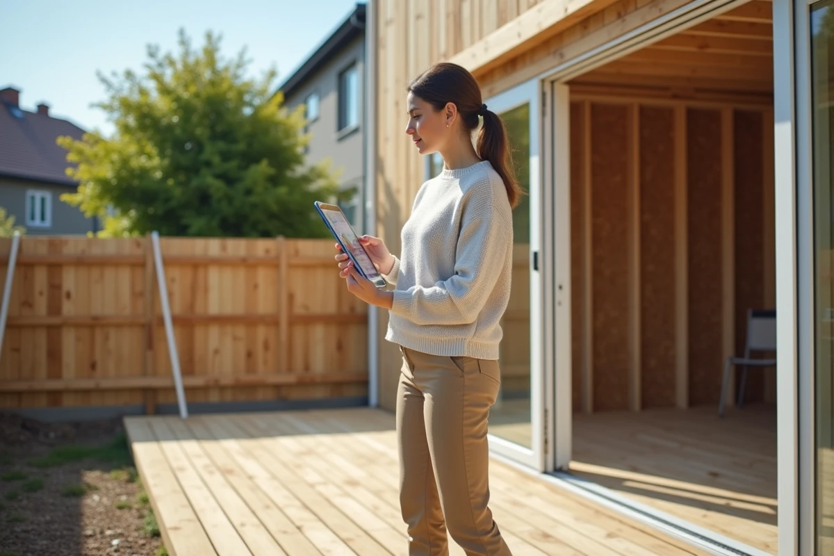 Jeune femme observant un chantier de terrasse en bois