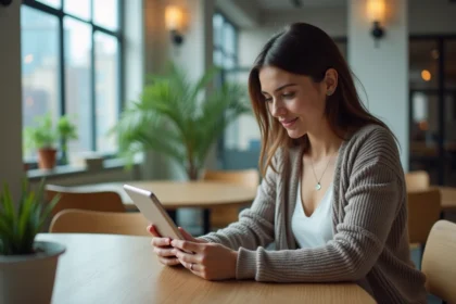 Jeune femme examine des annonces d'appartements sur tablette dans un espace coworking