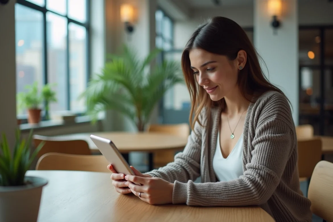 Jeune femme examine des annonces d'appartements sur tablette dans un espace coworking