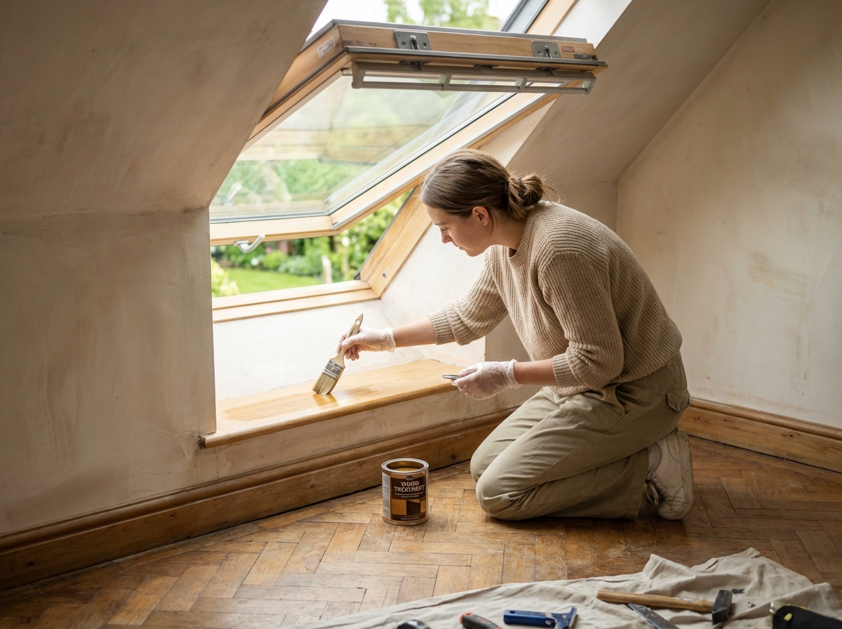 Jeune femme appliquant un traitement sur un cadre de fenêtre dans une pièce lumineuse