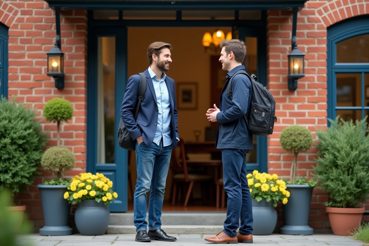 Jeune homme discute avec un hôte devant une maison d
