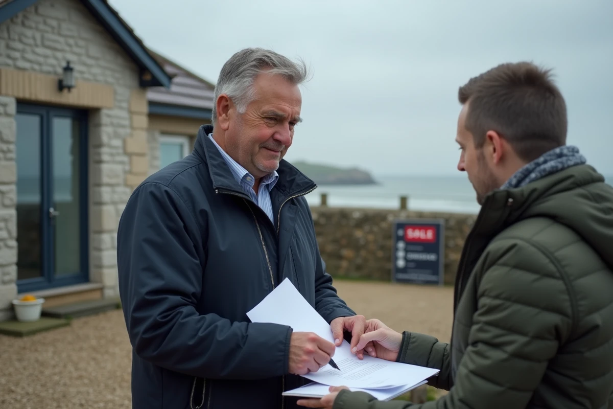Homme signant des papiers devant une maison en vente