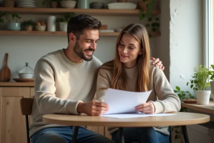 Jeune couple lisant des papiers d'hypothèque dans la cuisine