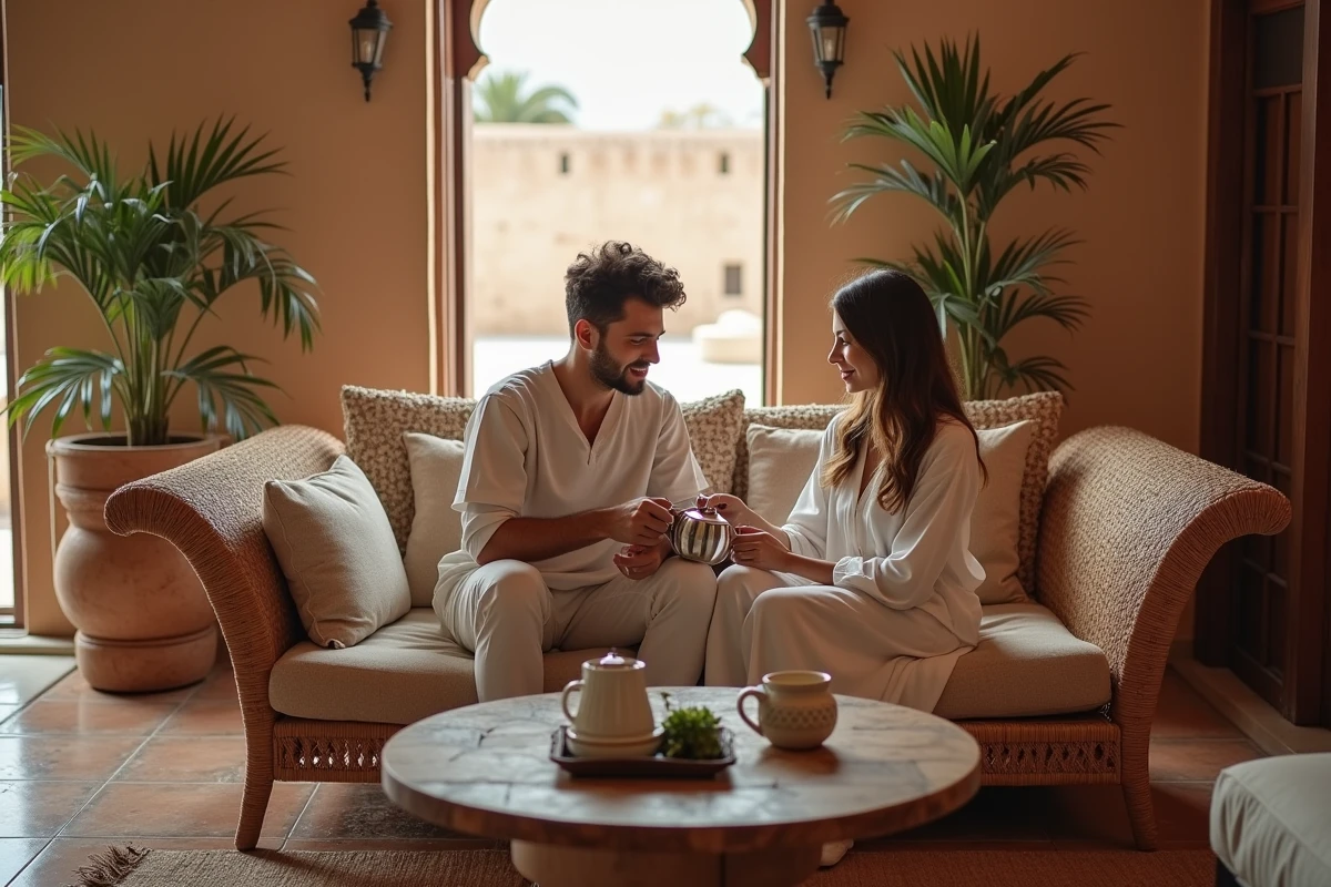Jeune couple partageant un moment dans un salon marocain avec tuiles et vue sur la medina