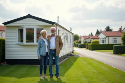 Couple devant une maison mobile dans un quartier résidentiel