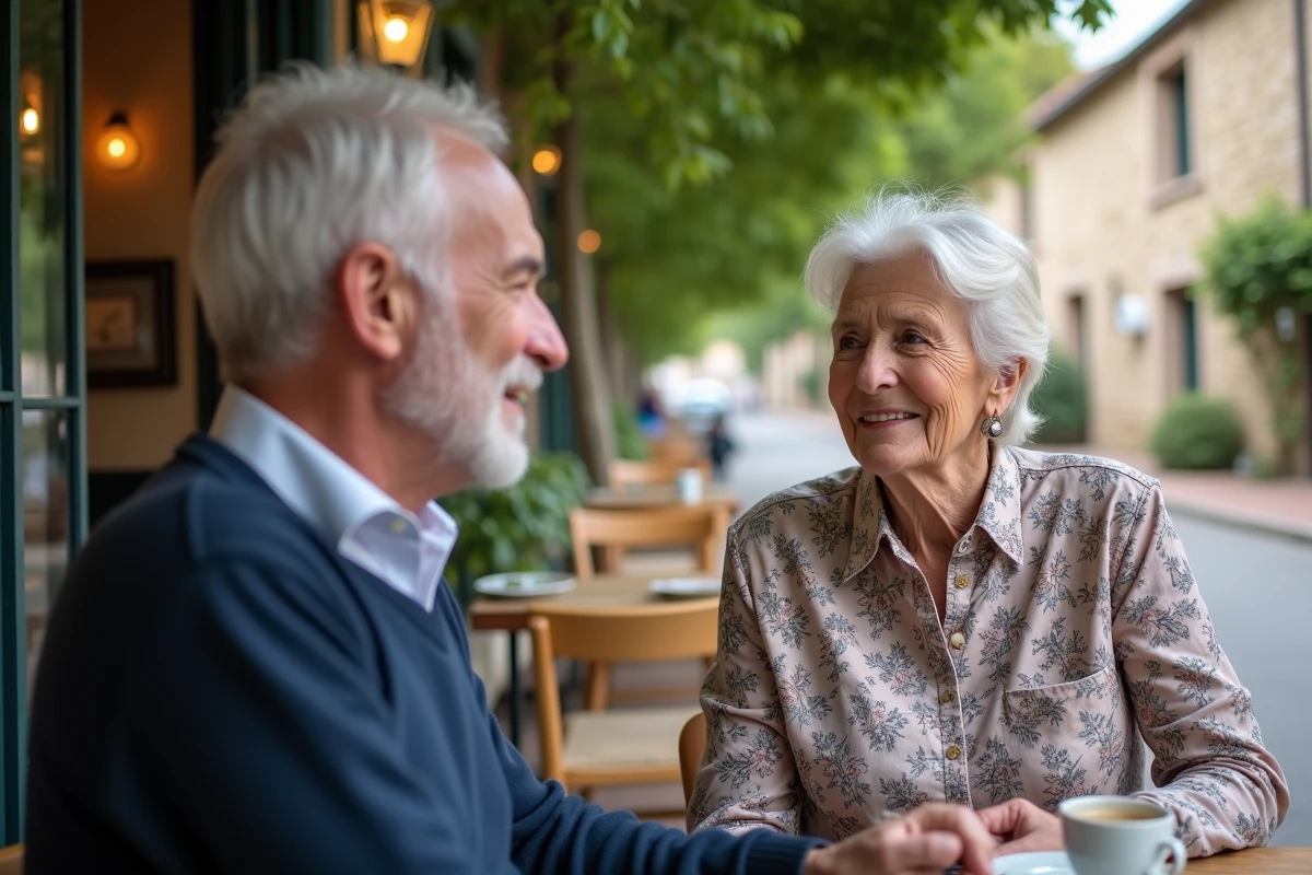 Couple retraité discutant au café dans un quartier de Bergerac