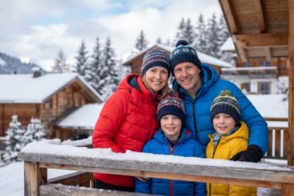 Famille souriante en hiver avec montagnes et chalets