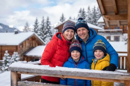 Famille souriante en hiver avec montagnes et chalets