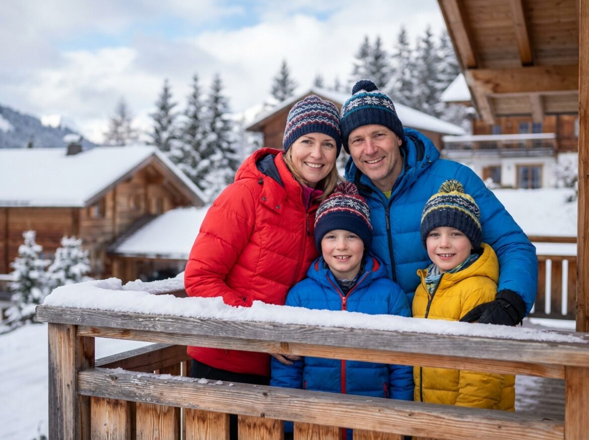 Famille souriante en hiver avec montagnes et chalets