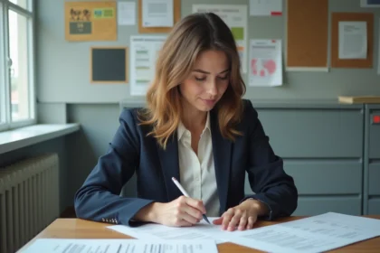 Femme remplissant des formulaires de logement dans un bureau