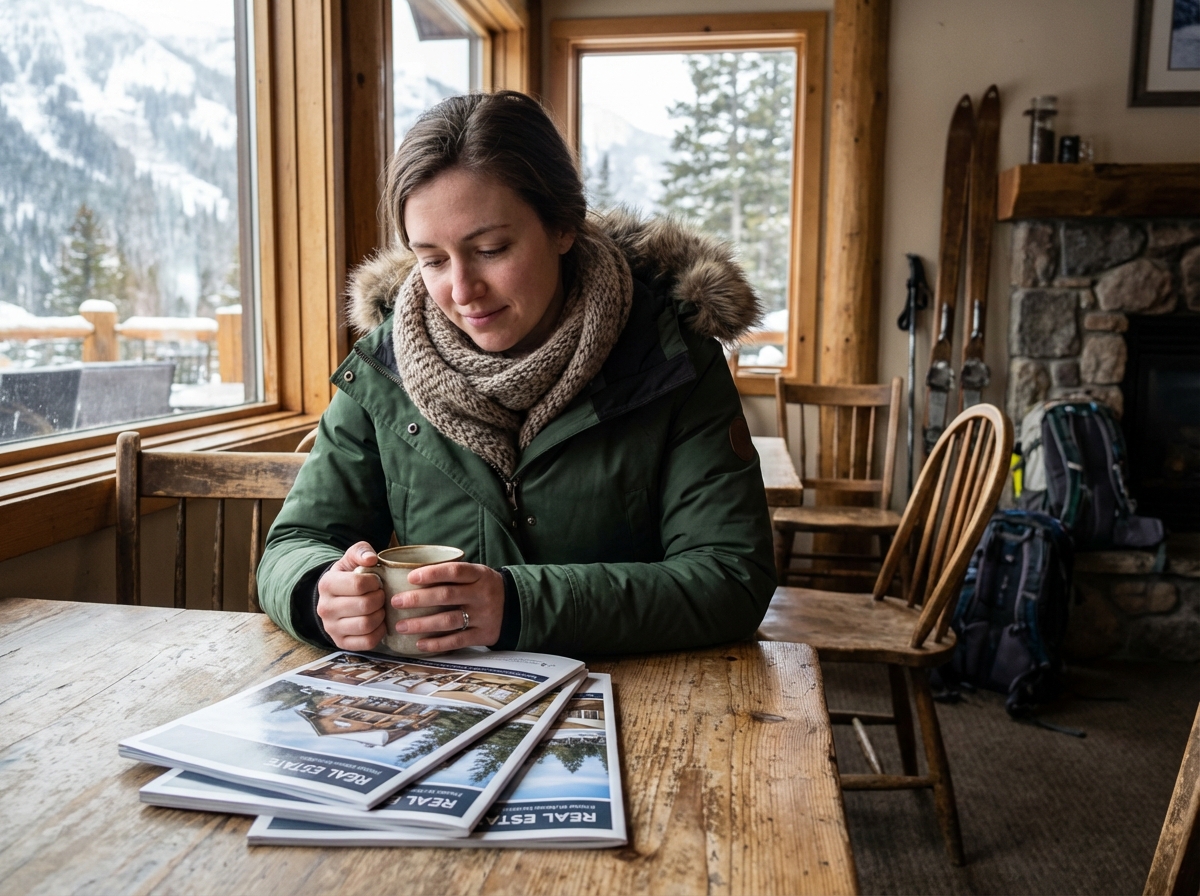 Jeune femme étudie brochures immobilières au café