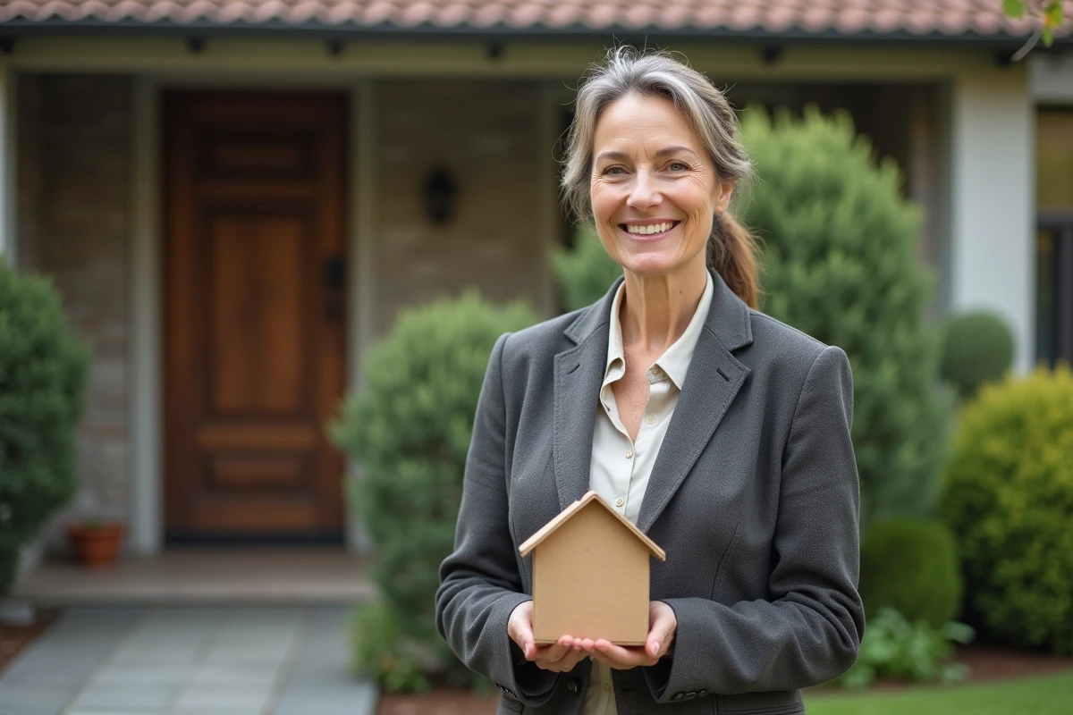 Femme avec maquette de maison devant une maison de banlieue