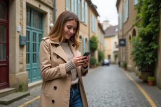 Jeune femme en trench à Bergerac regardant son smartphone