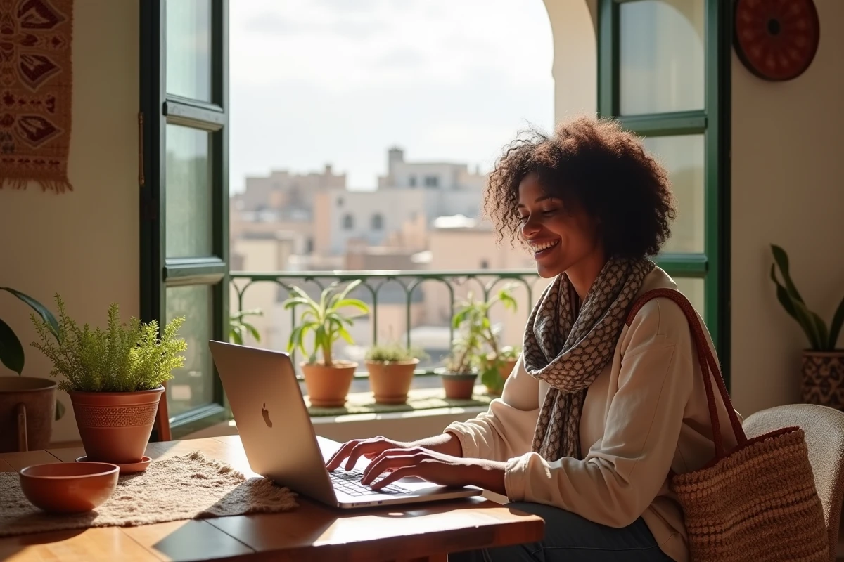 Femme expatriée travaillant dans un appartement à Essaouira