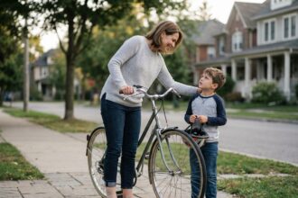 Femme souriante avec vélo et genou bandage en banlieue