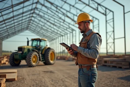 Fermeur examinant un plan devant une hangar agricole en construction