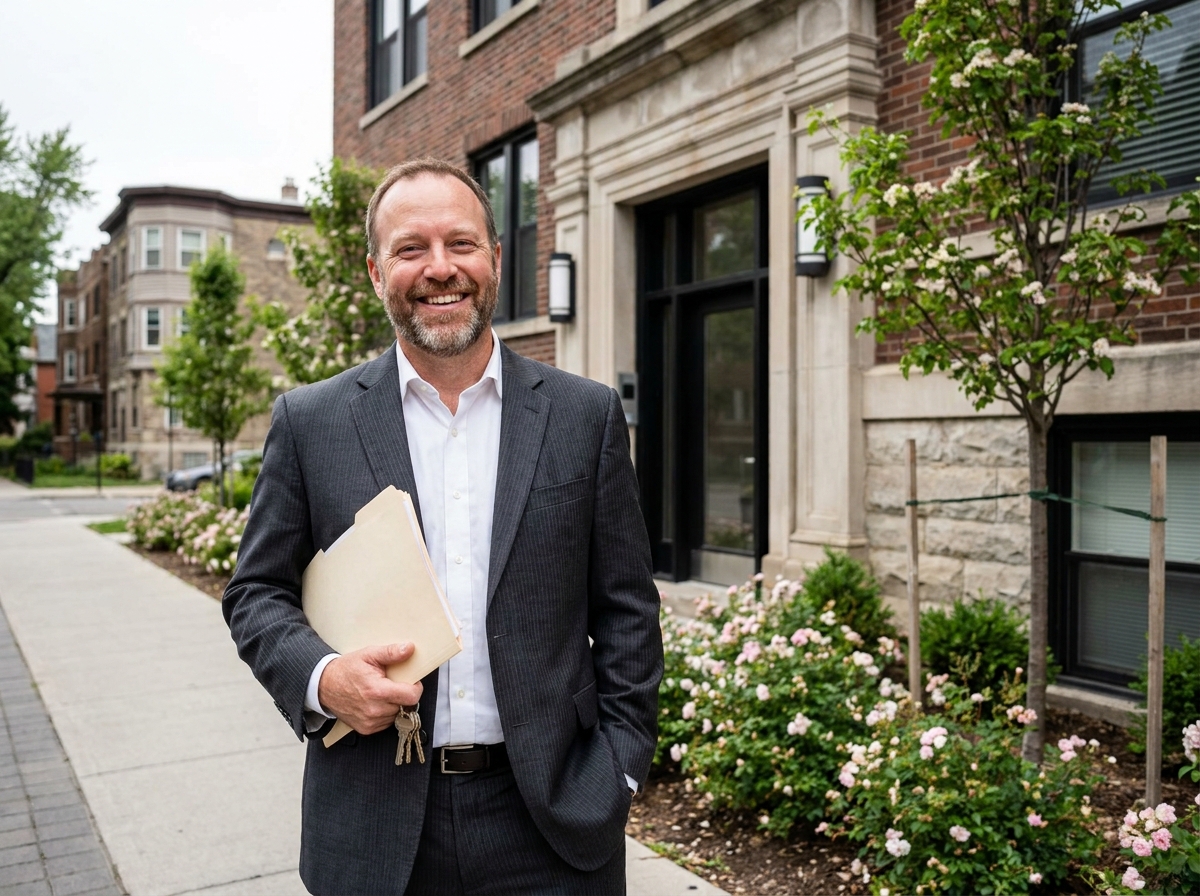 Homme souriant avec clés devant immeuble rénové