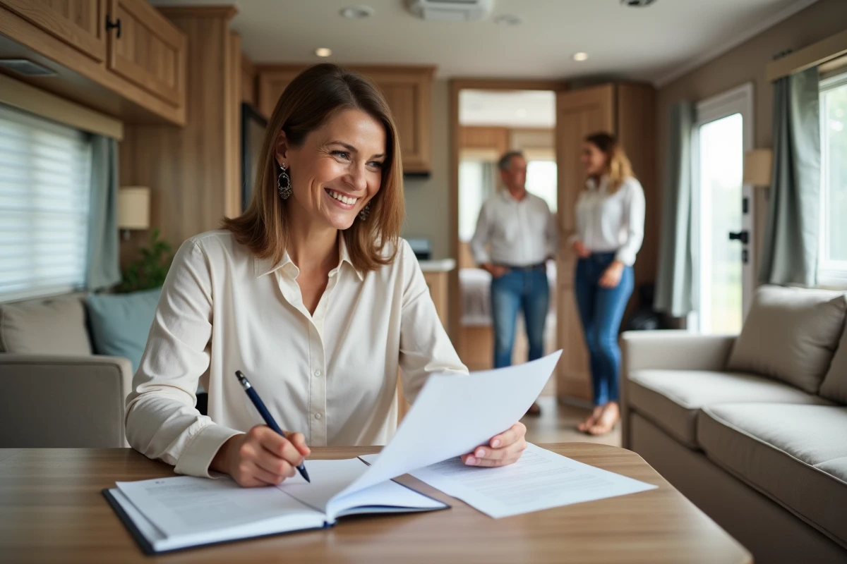 Femme examine documents dans mobile home moderne