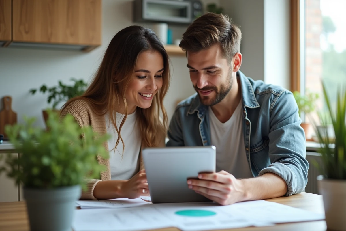 Jeune couple analysant des données immobilières sur une tablette à la maison