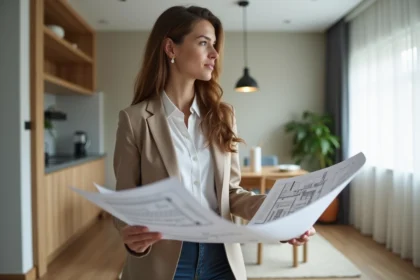 Jeune femme en appartement rénové avec plan