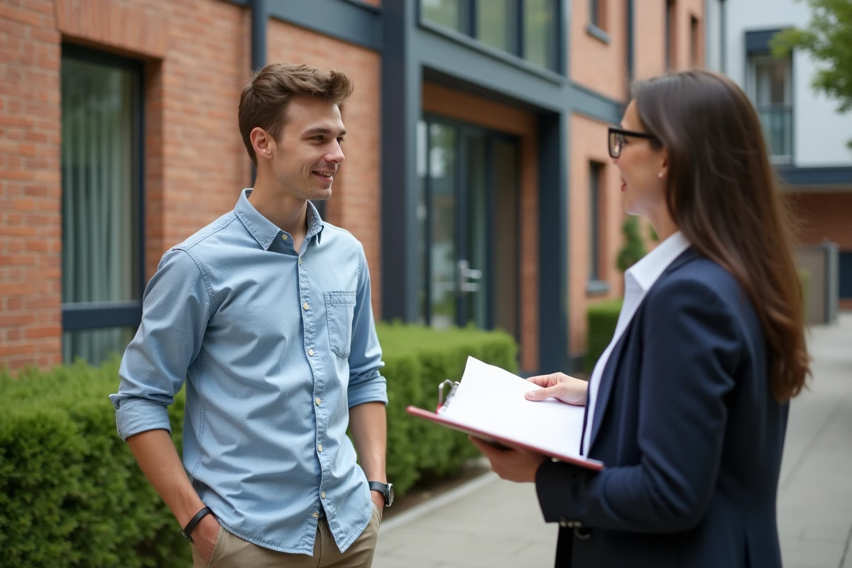 Jeune homme discutant avec un agent immobilier devant un immeuble