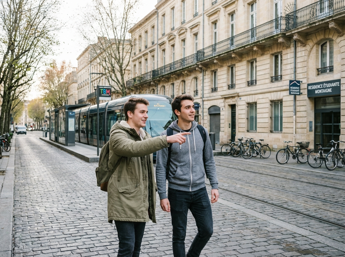 Deux étudiants discutant dans une rue bordelaise