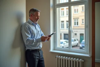 Propriétaire vérifiant un radiateur dans un appartement moderne