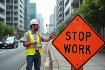 Ouvrier de chantier avec panneau de signalisation routière