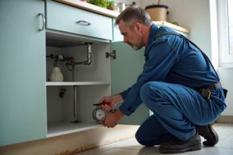 Plombier homme en bleu inspectant tuyaux cuisine