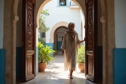 Femme souriante ouvrant une porte en bois ornée à une cour intérieure d'une maison traditionnelle à Essaouira