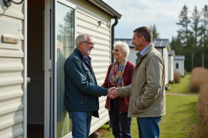 Couple et acheteuse souriantes devant mobile home