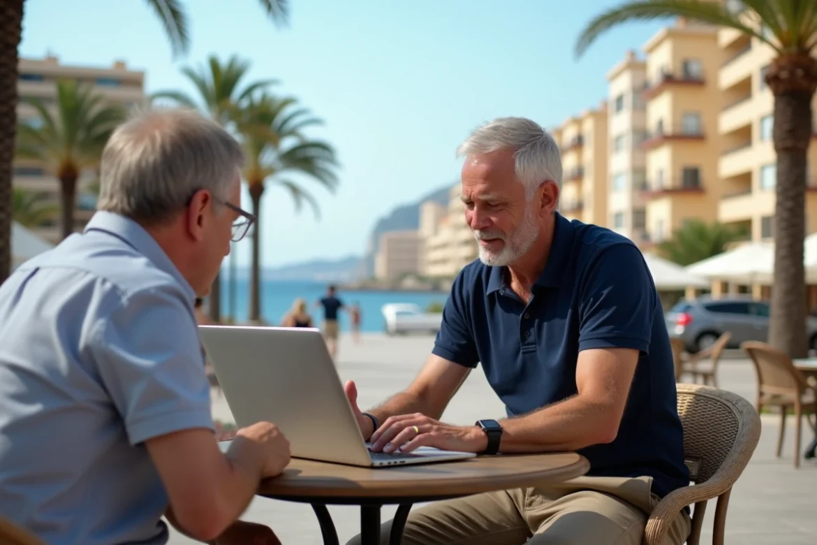 Agent immobilier présentant des annonces d'appartements vue mer pas cher sur ordinateur portable à un client en bord de mer en Espagne