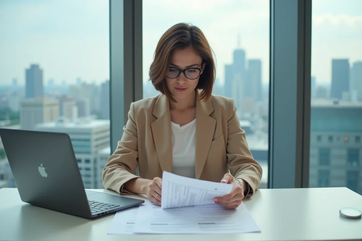 Femme analysant un devis de frais de notaire dans un bureau moderne avec vue urbaine