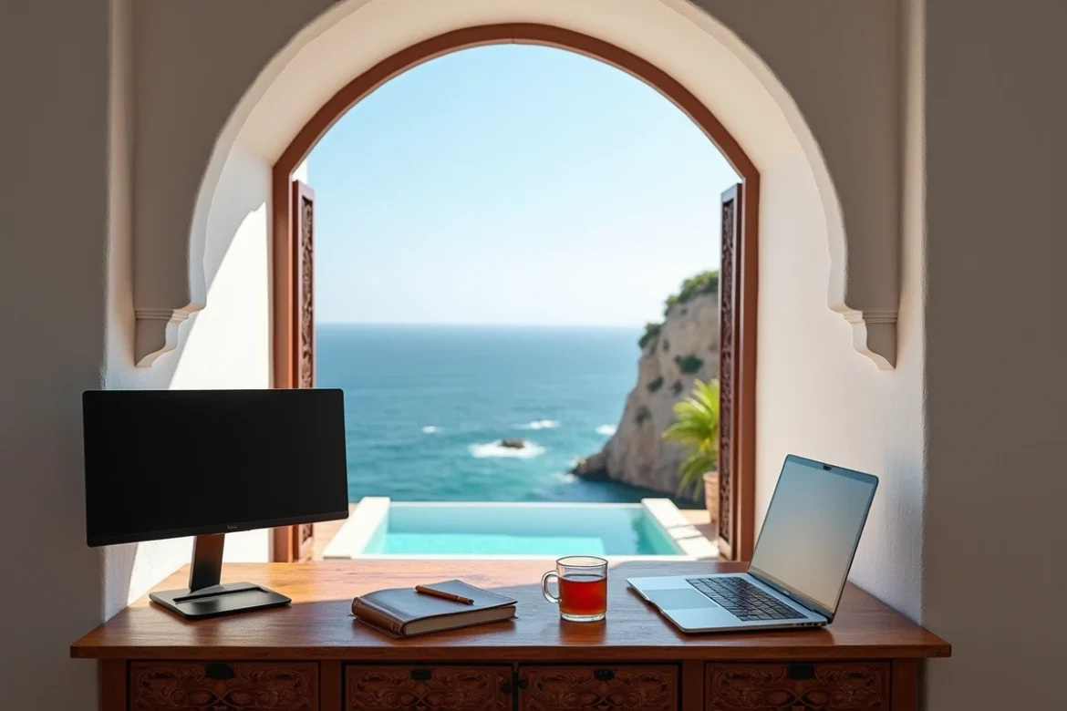 Bureau de télétravail aménagé dans une villa de location à Essaouira avec vue sur l'Atlantique et piscine privée