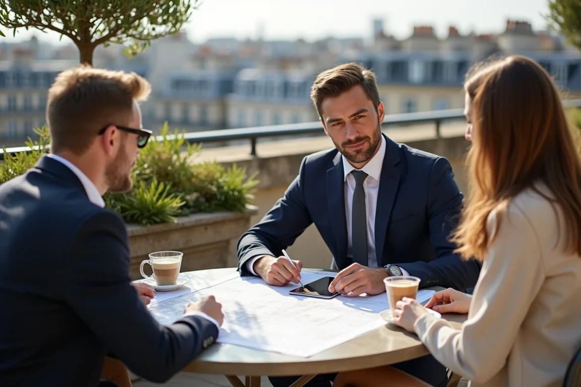 Chasseur immobilier présentant des plans d'appartement avec grande terrasse à un couple de clients à Paris