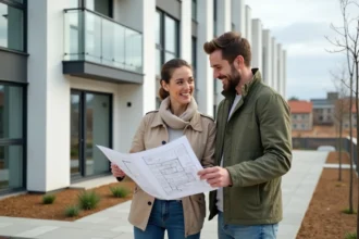Couple de trentenaires devant un immeuble neuf en train d'examiner des plans de logement