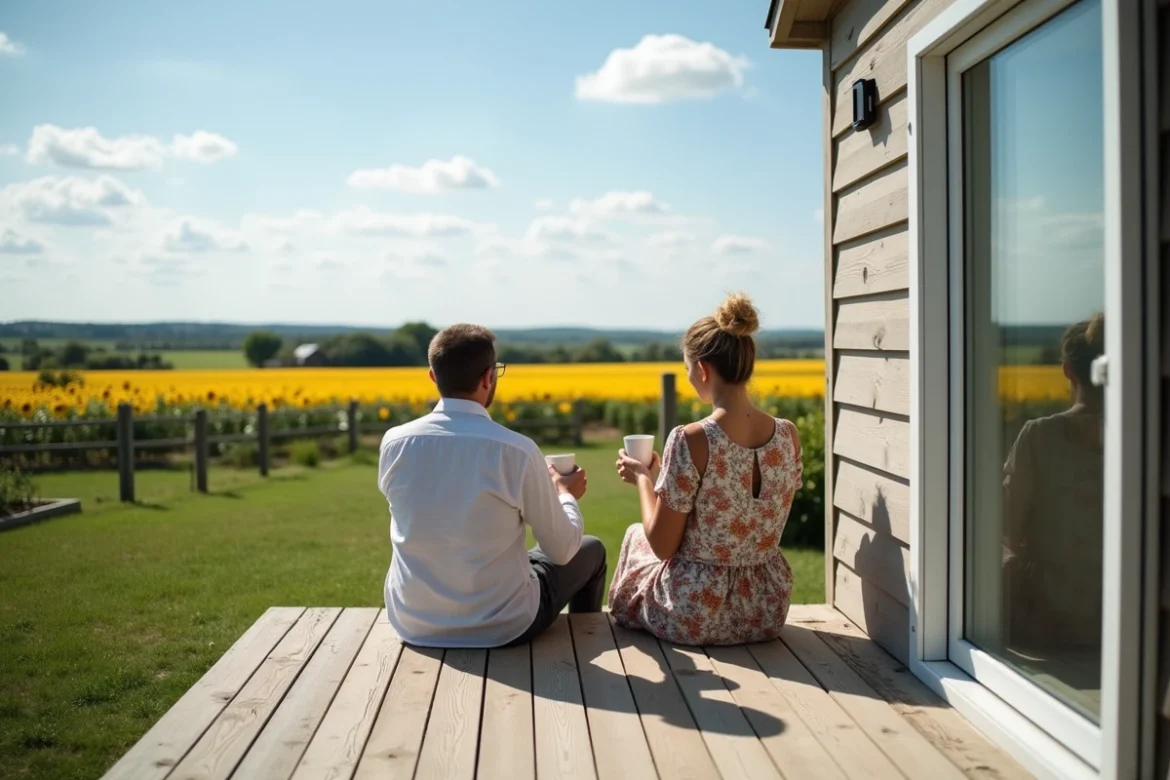 Couple profitant de la terrasse d'un mobil-home sur leur parcelle en Vendée avec vue sur les champs
