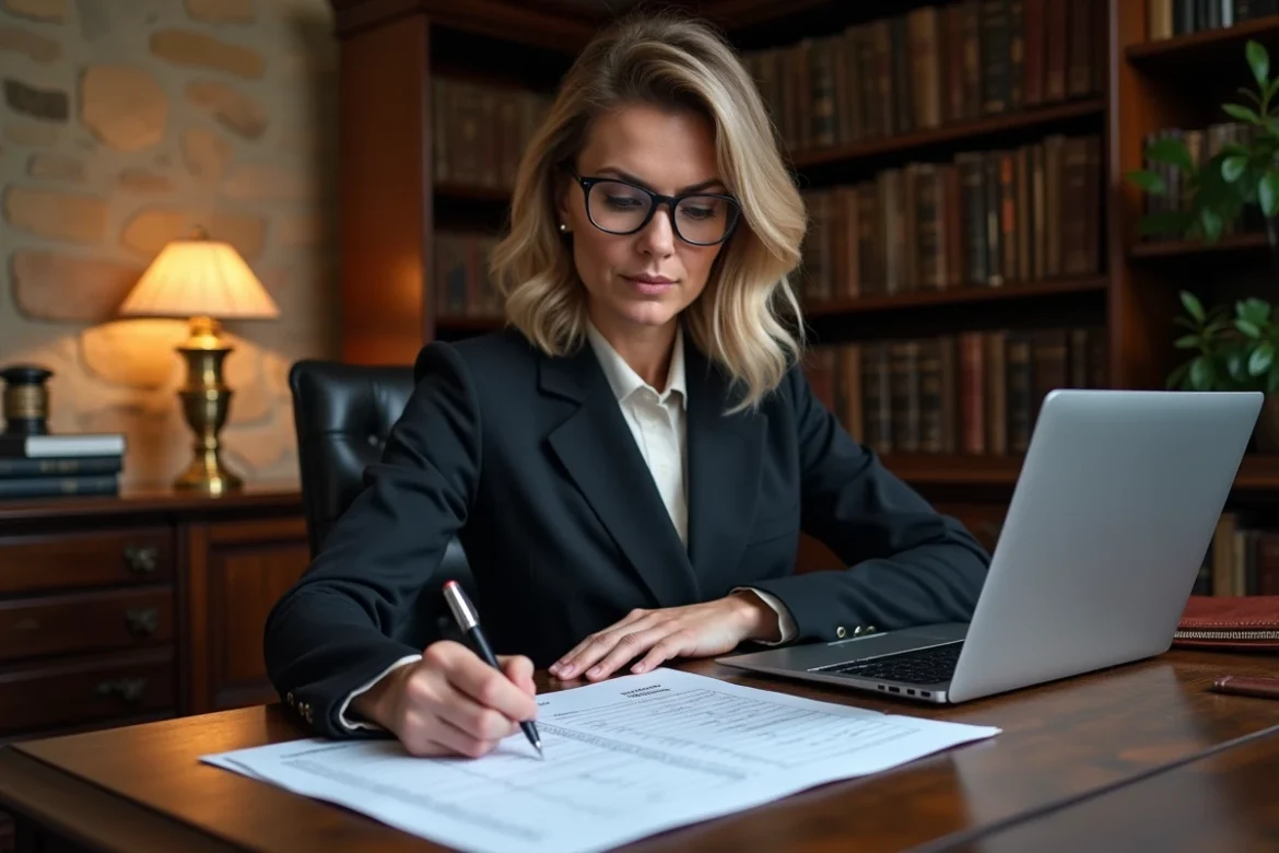 Une avocate fiscaliste examine un tableau de dettes et comptes courants d'associés déductibles de la base taxable IFI d'une SCI
