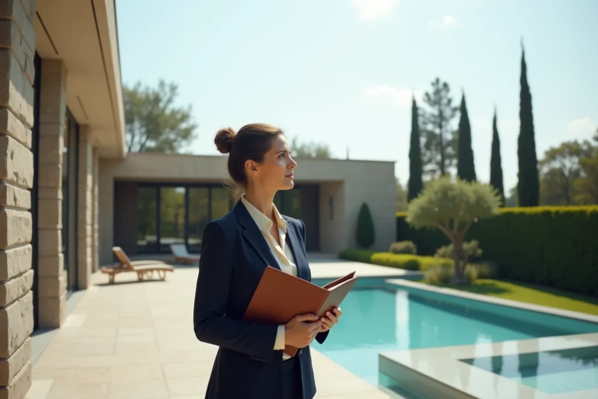 Experte en estimation immobilière évaluant une villa de luxe contemporaine avec piscine à débordement