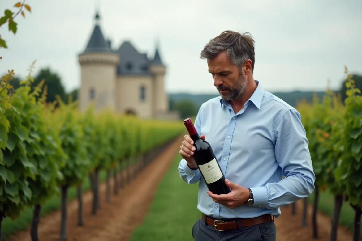 Expatrié examinant une bouteille de vin dans un vignoble bordelais avec château en arrière-plan