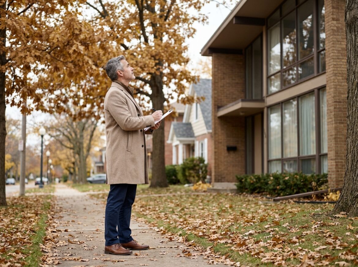 Expert immobilier évaluant la façade d'une maison individuelle en milieu urbain résidentiel lors d'une expertise immobilière sur site